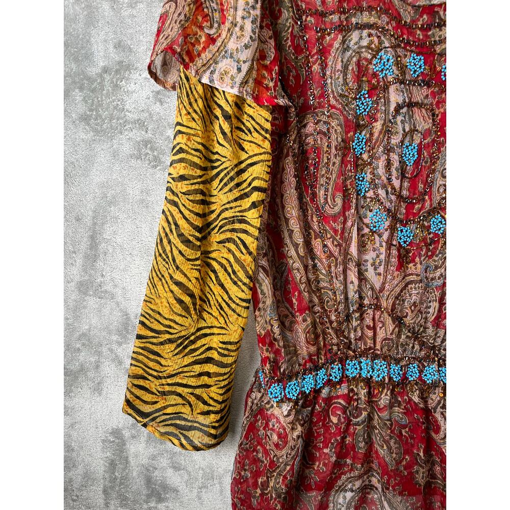 Vintage Boho Paisley Tunic Top Beaded Neckline Sheer Blouse Peasant Festival XL - Picture 3 of 6
